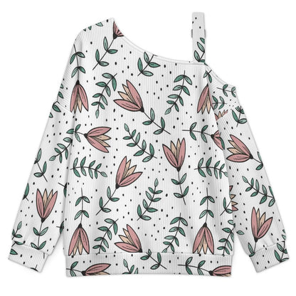 Off-the-shoulder Sweater Long Sleeve Relaxed-Fit Solid PulloverFlowers Background