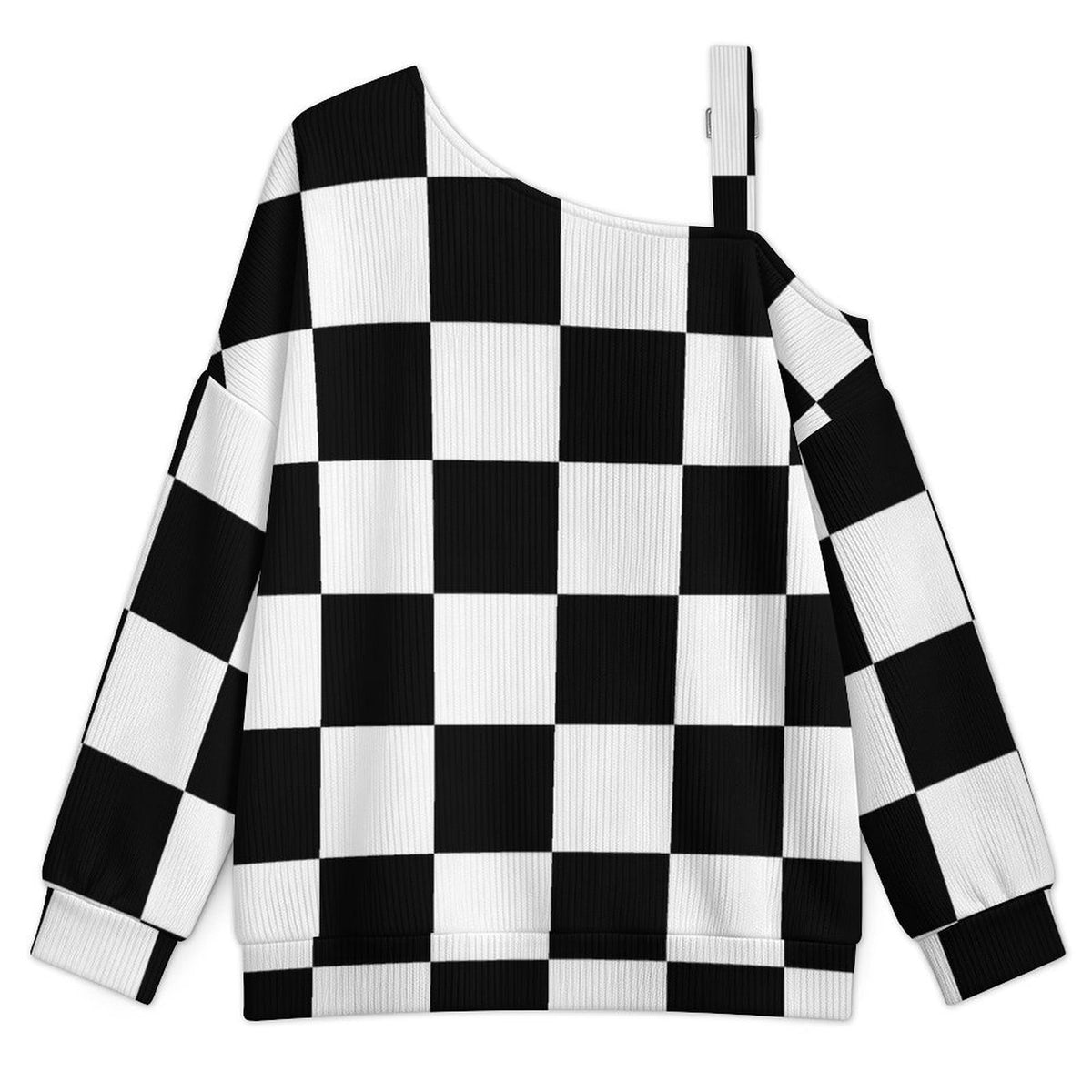 Fall Casual Asymmetric Shoulder Knit Top with Buckle Detail Black And White Checkerboard