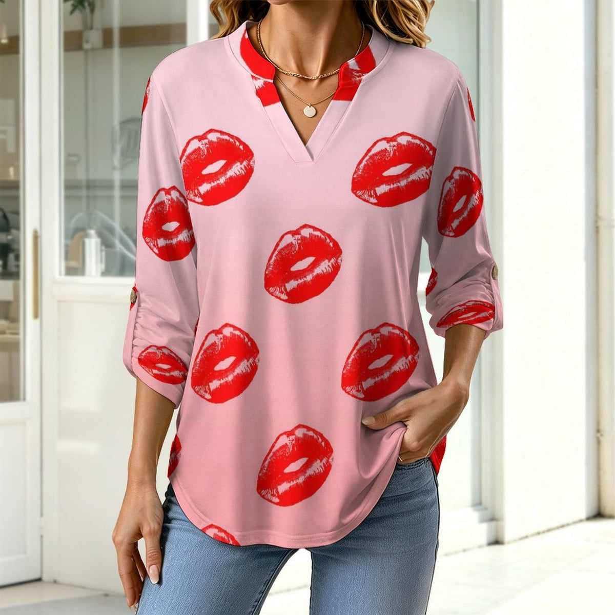 Red Lips Roll Tab 3/4 Sleeve Notched V Neck Tunic Blouse