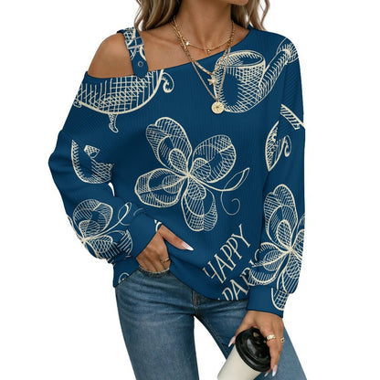 Blue, St. Patrick's Day, Pattern Fall Casual Asymmetric Shoulder Knit Top with Buckle Detail