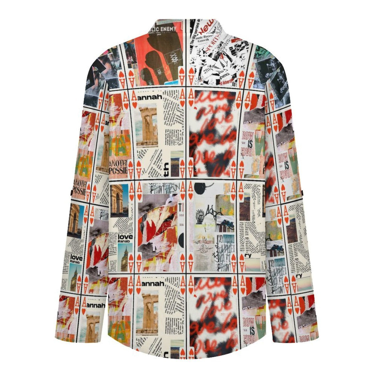 Poker Graffiti Roll Tab 3/4 Sleeve Notched V Neck Tunic Blouse