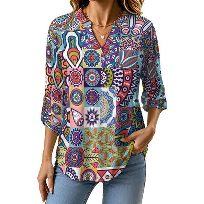 Vintage Pattern, Background  Versatile Notched V-Neck Tunic | Roll Tab 3/4 Sleeve Office Casual Top