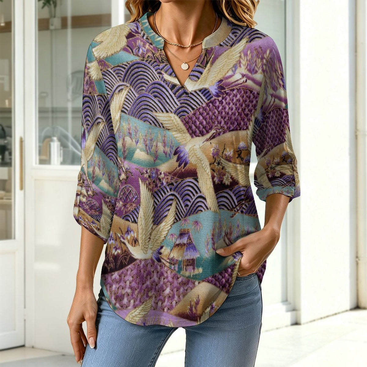 Chinese Style, Embroidery, Egret  Versatile Notched V-Neck Tunic | Roll Tab 3/4 Sleeve Office Casual Top