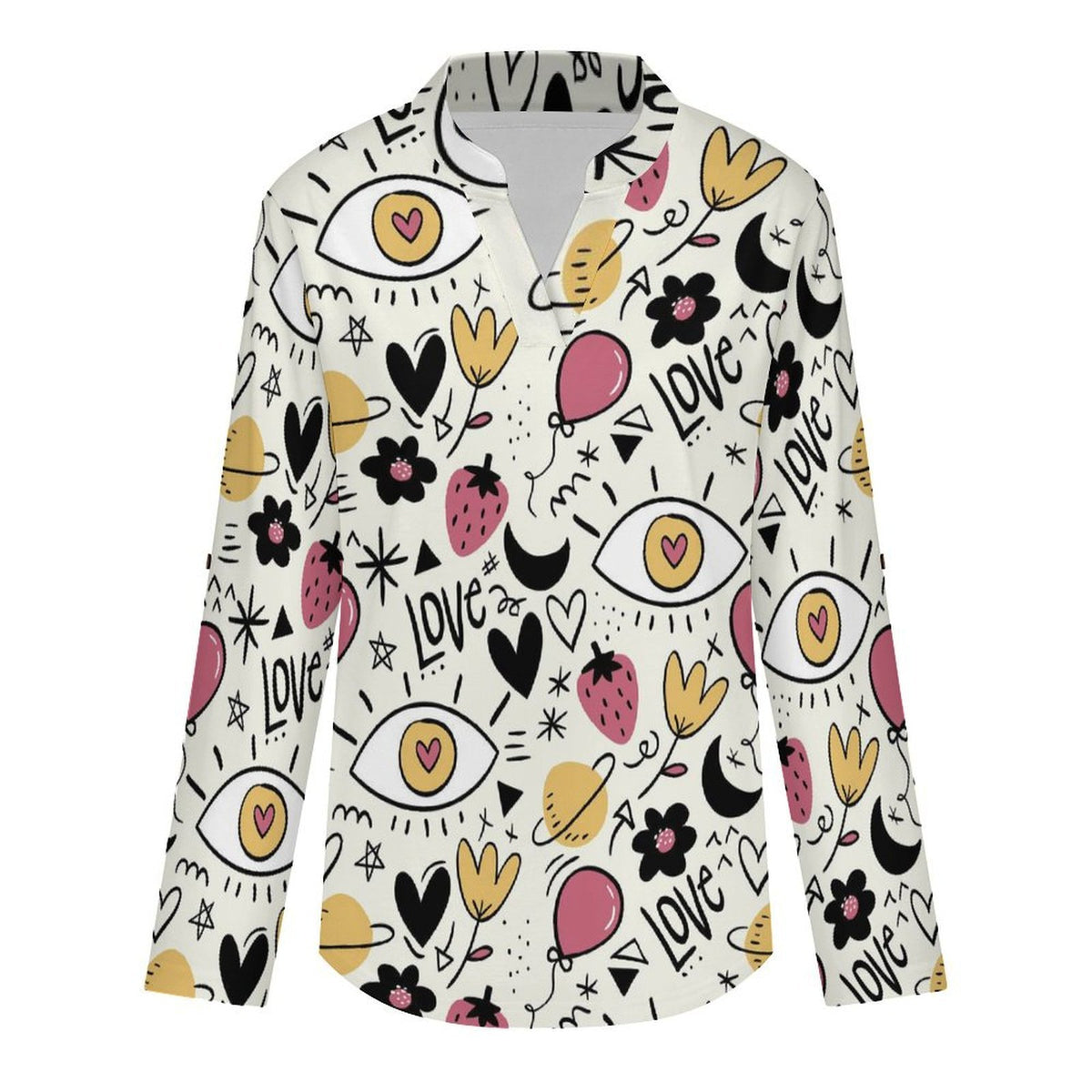 Strawberries, Flowers, Love  Versatile Notched V-Neck Tunic | Roll Tab 3/4 Sleeve Office Casual Top