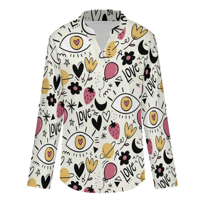 Strawberries, Flowers, Love  Versatile Notched V-Neck Tunic | Roll Tab 3/4 Sleeve Office Casual Top