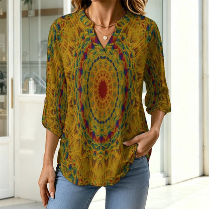 Women Curved Hem V Neck Roll Sleeve Casual Work Top  Retro Pattern, Background