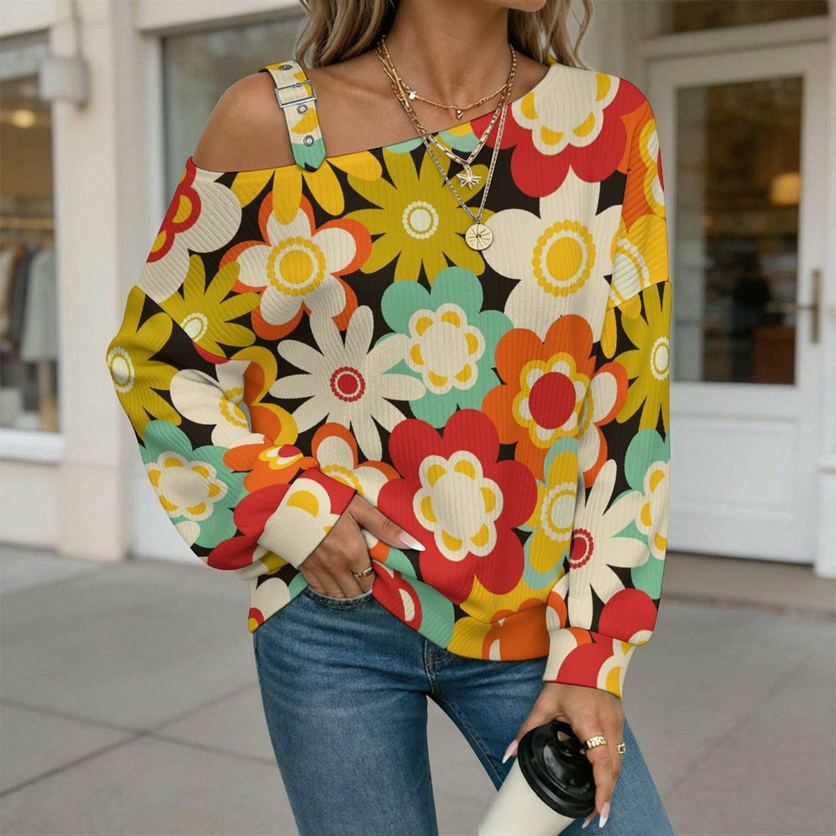Women’s Off-Shoulder Knit Sweater Colorful Flowers