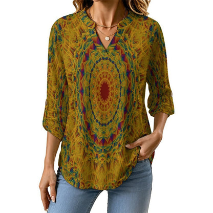 Women Curved Hem V Neck Roll Sleeve Casual Work Top  Retro Pattern, Background