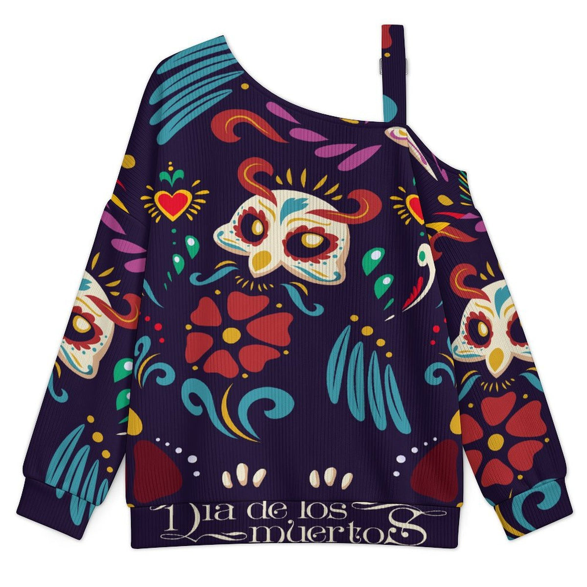 Retro Pattern, Nationality, Tradition Fall Casual Asymmetric Shoulder Knit Top with Buckle Detail