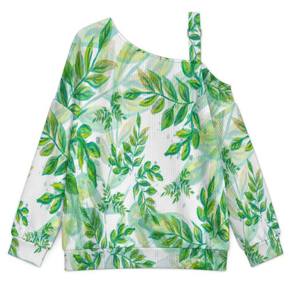 Fall Casual Asymmetric Shoulder Knit Top with Buckle Detail Ink Painting, Green Leaves