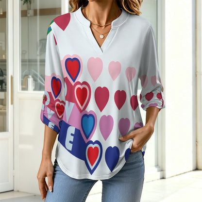 Women's Notched V Neck Tunic Tops, Roll Up 3/4 Sleeve Button Cuff Casual Blouse, Hem Loose Work Shirts  Love, Color Heart