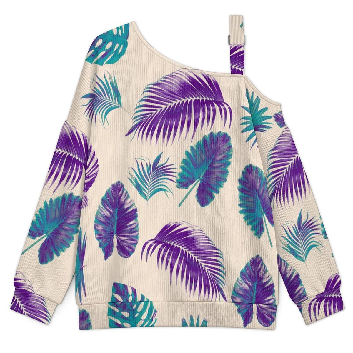 Purple Hemp Leaf Buckle Strap Asymmetrical Off Shoulder Knit Sweater