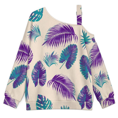 Purple Hemp Leaf Buckle Strap Asymmetrical Off Shoulder Knit Sweater