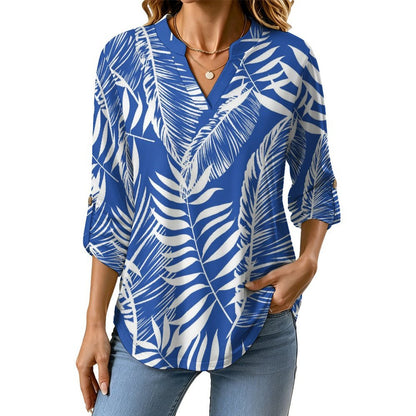 Summer-flower-blue-full Print-T-shirt-phone Case Roll Tab 3/4 Sleeve Notched V Neck Tunic Blouse