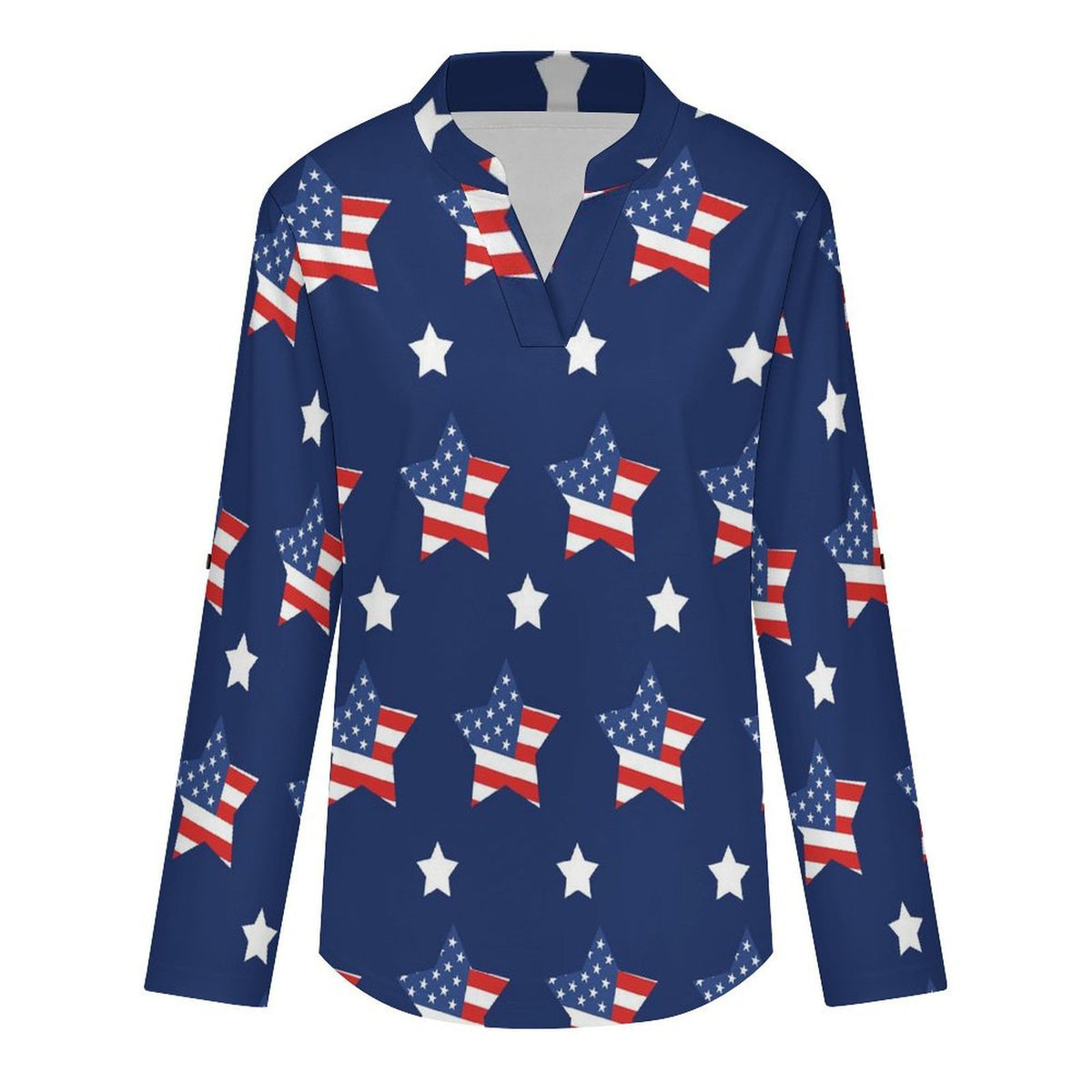 American Flag Star  Versatile Notched V-Neck Tunic | Roll Tab 3/4 Sleeve Office Casual Top