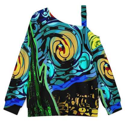 Fall Casual Asymmetric Shoulder Knit Top with Buckle Detail Abstract Painting, Witness