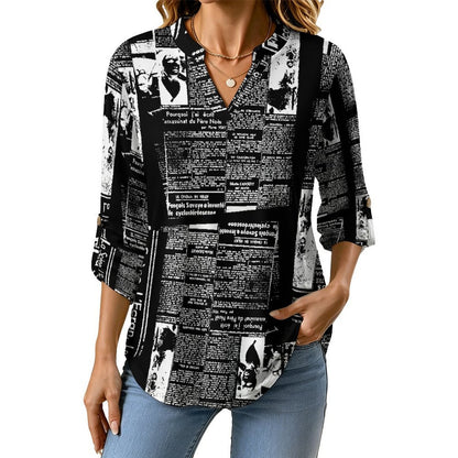 Stand-up Collar Long-sleeved Shirt Newspaper Vintage Dress white S Women’s V-Neck Blouses