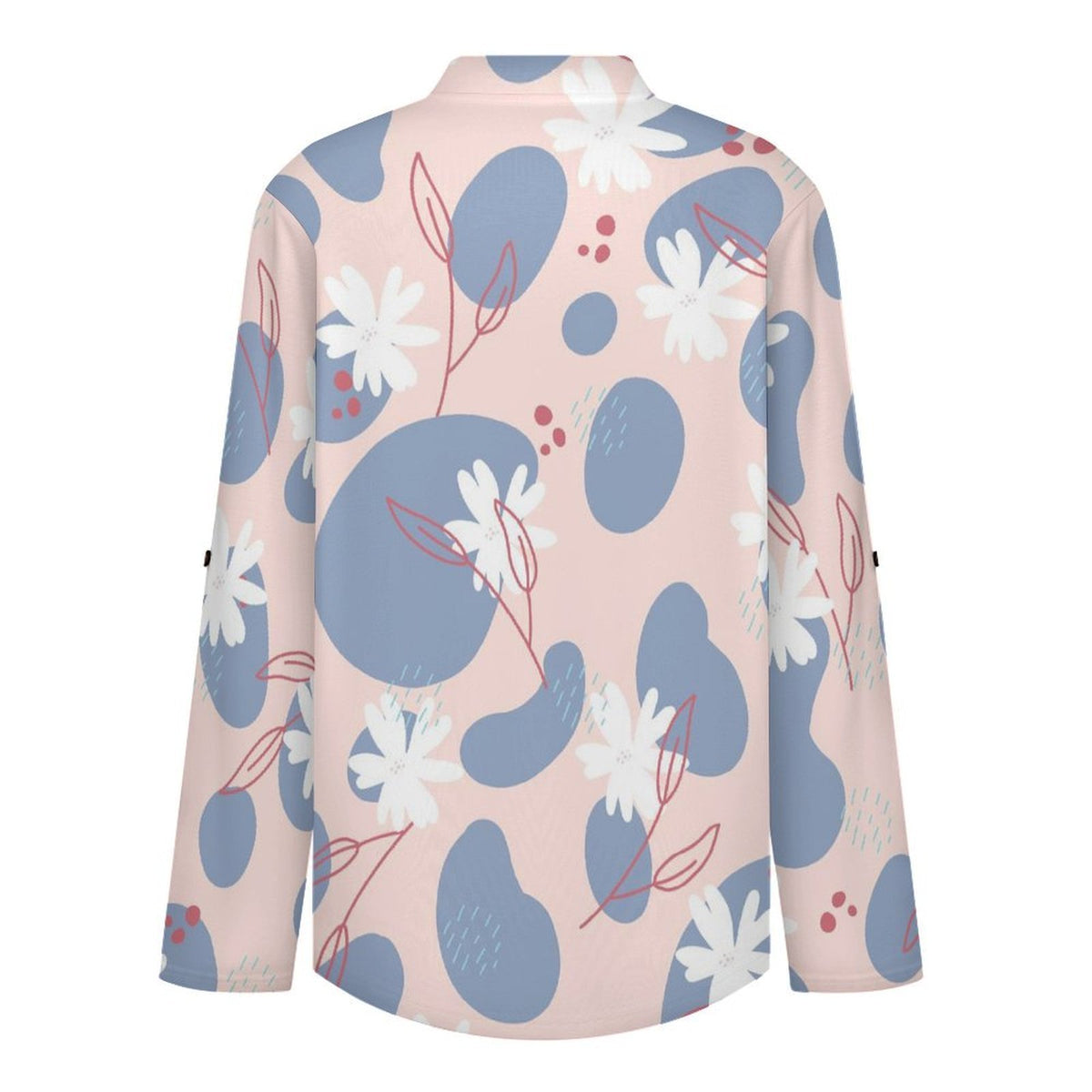 Women Curved Hem V Neck Roll Sleeve Casual Work Top  Floral, Repeating Pattern