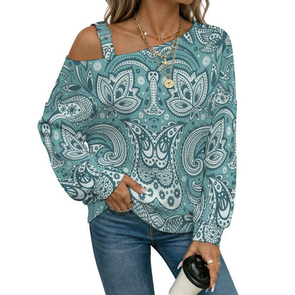 Paisley Fall Casual Asymmetric Shoulder Knit Top with Buckle Detail