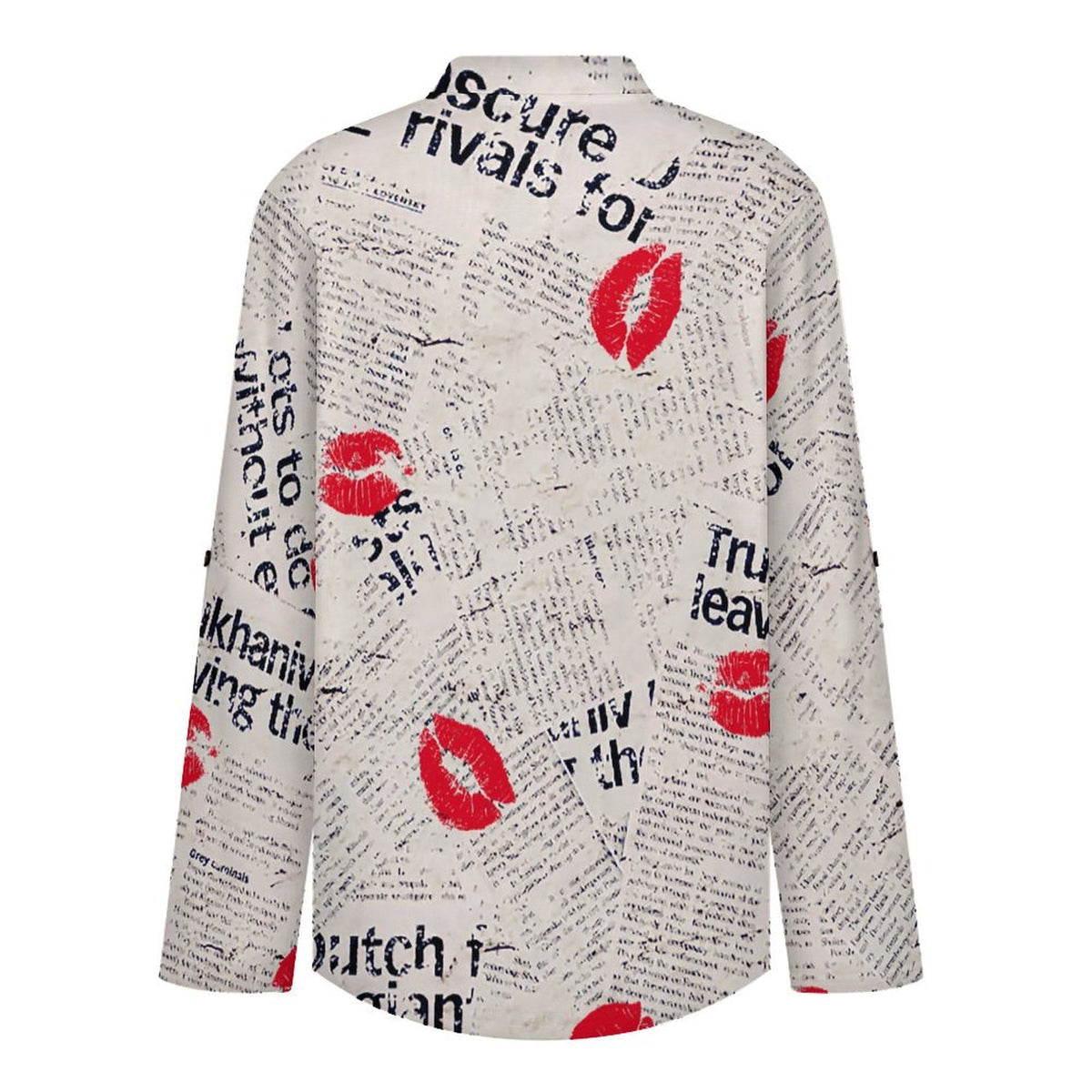 Versatile Notched V-Neck Tunic  Roll Tab 3/4 Sleeve Office Casual Top  Newspaper Red Lip Print Blue Letters