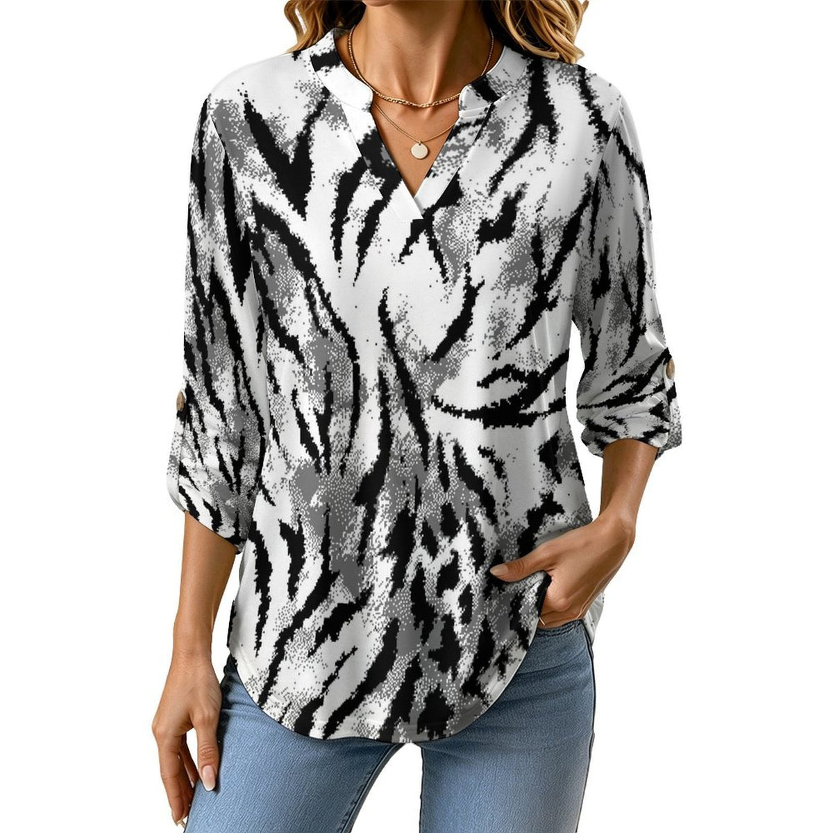 Black And White Zebra Print Roll Tab 3/4 Sleeve Notched V Neck Tunic Blouse
