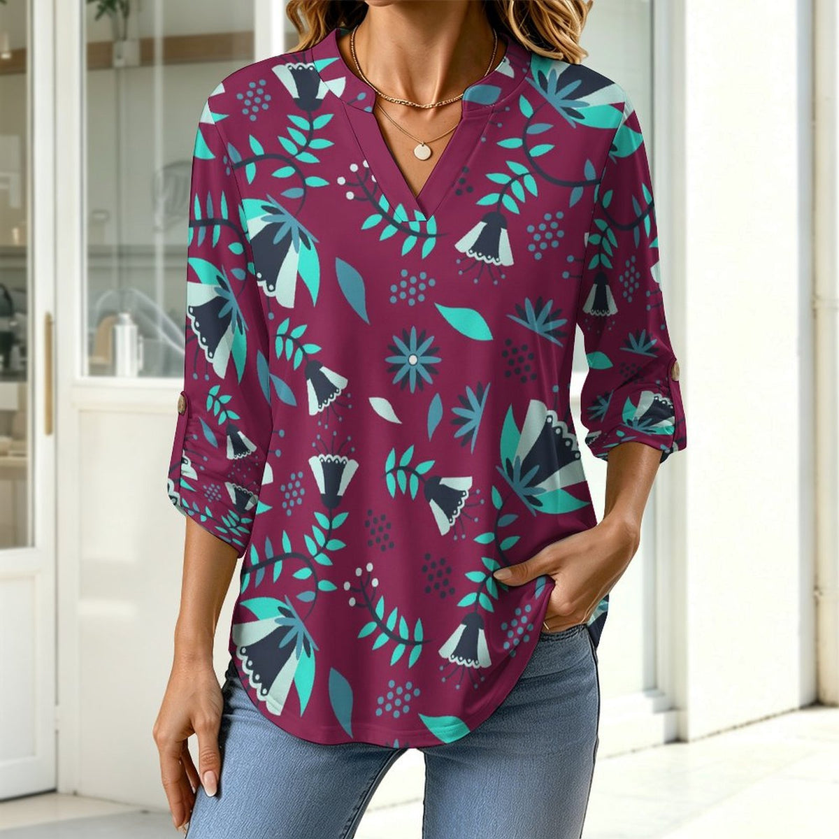 Women Curved Hem V Neck Roll Sleeve Casual Work Top  Batik Purple