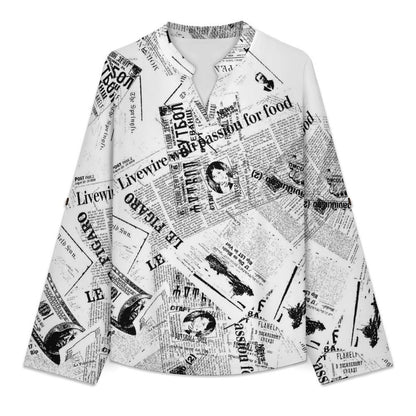 Stand-up Collar Long-sleeved Shirt Newspaper Dress white S Women’s V-Neck Blouses