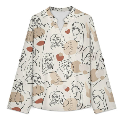 Stand-up Collar Long-sleeved Shirt Line Painting, Woman, Color Block white S Women’s V-Neck Blouses