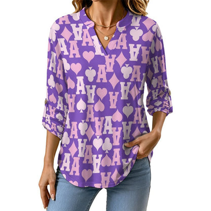 Roll Tab 3/4 Sleeve Notched V Neck Tunic Blouse  Poker A