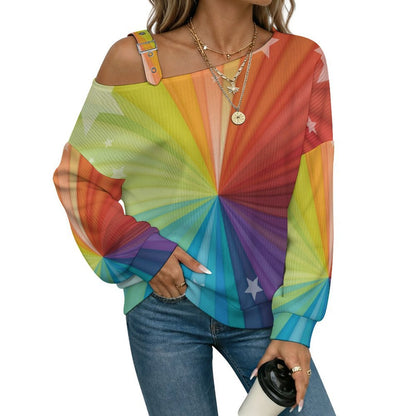 Fall Casual Asymmetric Shoulder Knit Top with Buckle Detail Color, Line Pattern