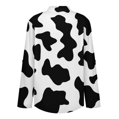 Versatile Notched V-Neck Tunic | Roll Tab 3/4 Sleeve Office Casual Top  Black And White, Cow Pattern