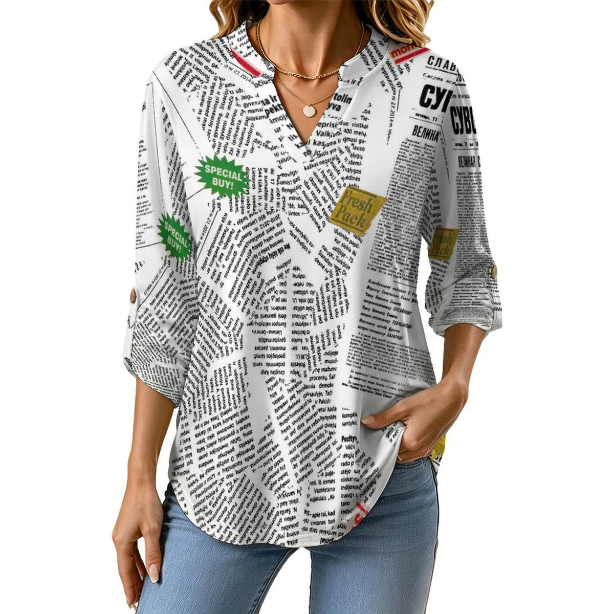 Versatile Notched V-Neck Tunic | Roll Tab 3/4 Sleeve Office Casual Top  Newspaper