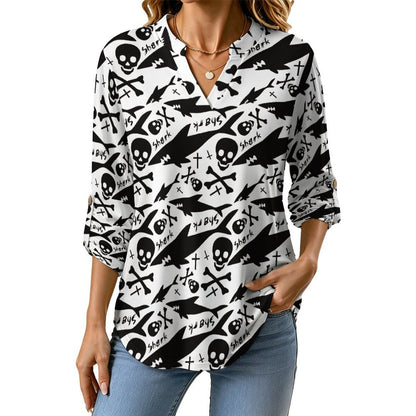 Women's Notched V Neck Tunic Tops, Roll Up 3/4 Sleeve Button Cuff Casual Blouse, Hem Loose Work Shirts  Shark - Skull - Bone - Repeat Pattern - Black And White