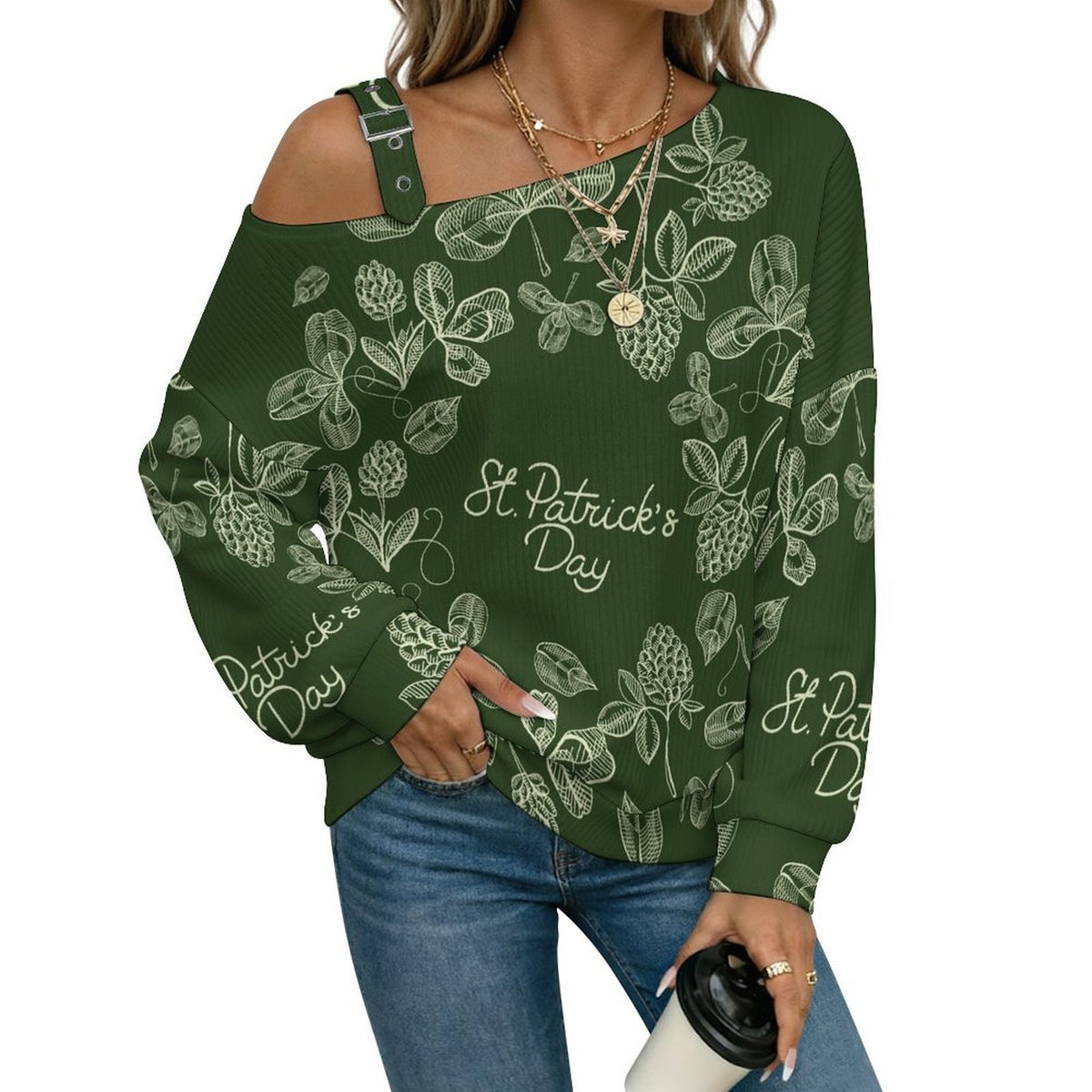 St. Patrick's Day, Wreath Fall Casual Asymmetric Shoulder Knit Top with Buckle Detail