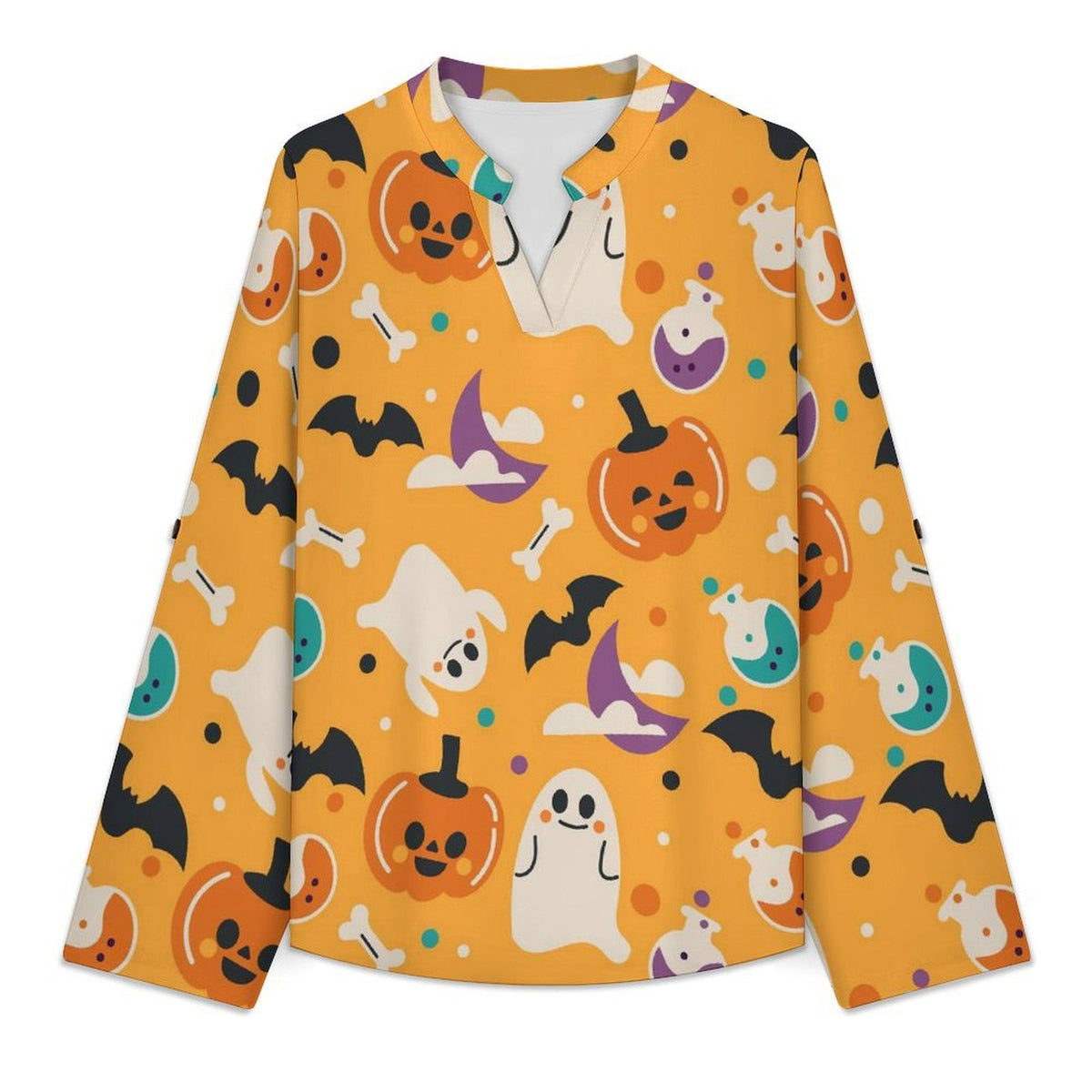 Yellow, Halloween, Ghost  Women Curved Hem V Neck Roll Sleeve Casual Work Top