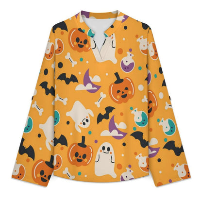 Yellow, Halloween, Ghost  Women Curved Hem V Neck Roll Sleeve Casual Work Top