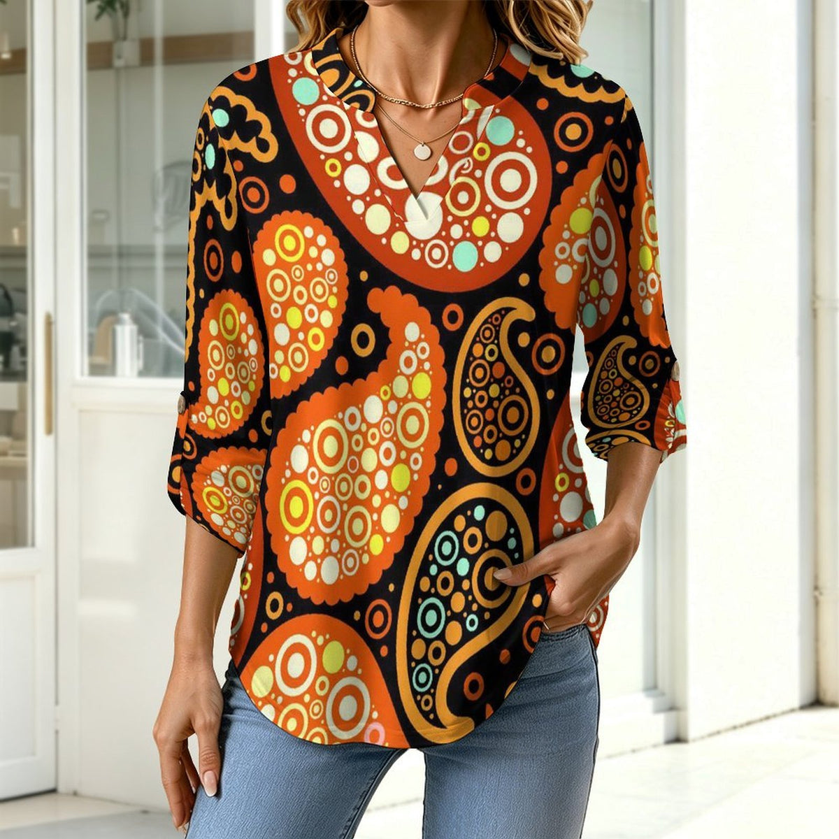 Paisley  Women Curved Hem V Neck Roll Sleeve Casual Work Top
