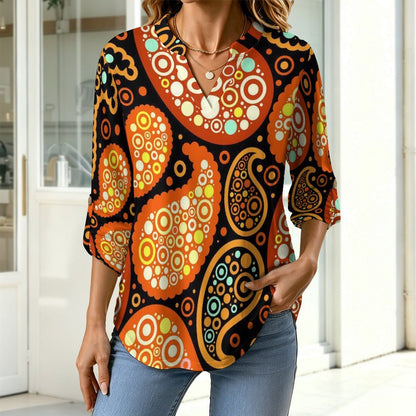 Paisley  Women Curved Hem V Neck Roll Sleeve Casual Work Top