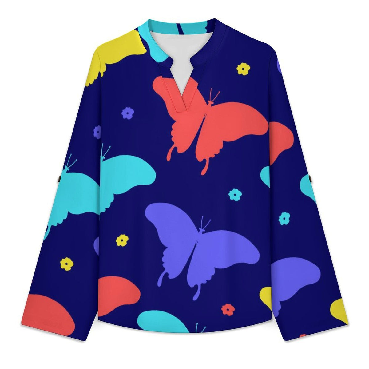 Women's Notched V Neck Tunic Tops, Roll Up 3/4 Sleeve Button Cuff Casual Blouse, Hem Loose Work Shirts  Butterfly-color-red-blue-yellow-repeat