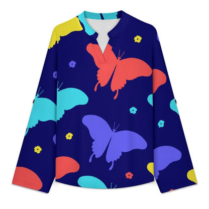 Women's Notched V Neck Tunic Tops, Roll Up 3/4 Sleeve Button Cuff Casual Blouse, Hem Loose Work Shirts  Butterfly-color-red-blue-yellow-repeat