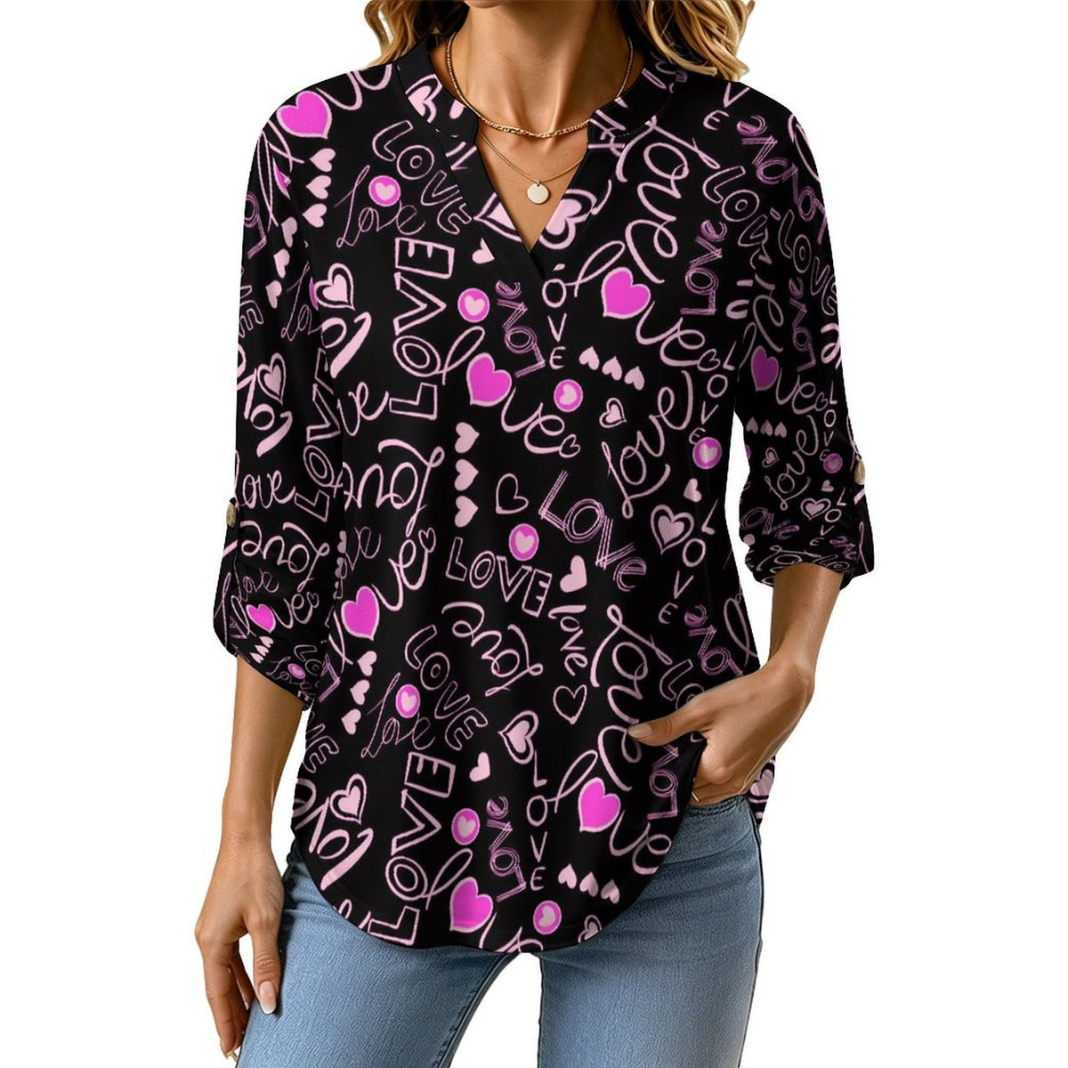 Love  Versatile Notched V-Neck Tunic | Roll Tab 3/4 Sleeve Office Casual Top