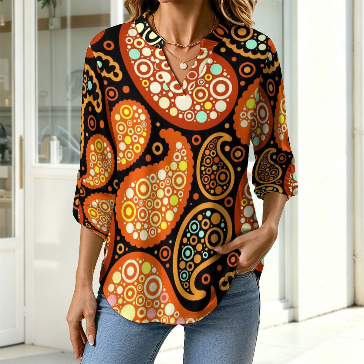 Paisley  Versatile Notched V-Neck Tunic | Roll Tab 3/4 Sleeve Office Casual Top