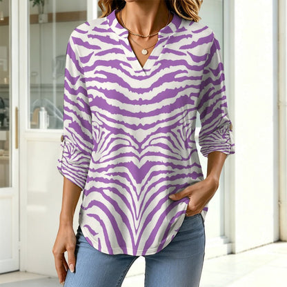 Stand-up Collar Long-sleeved Shirt Zebra Pattern white S Women’s V-Neck Blouses