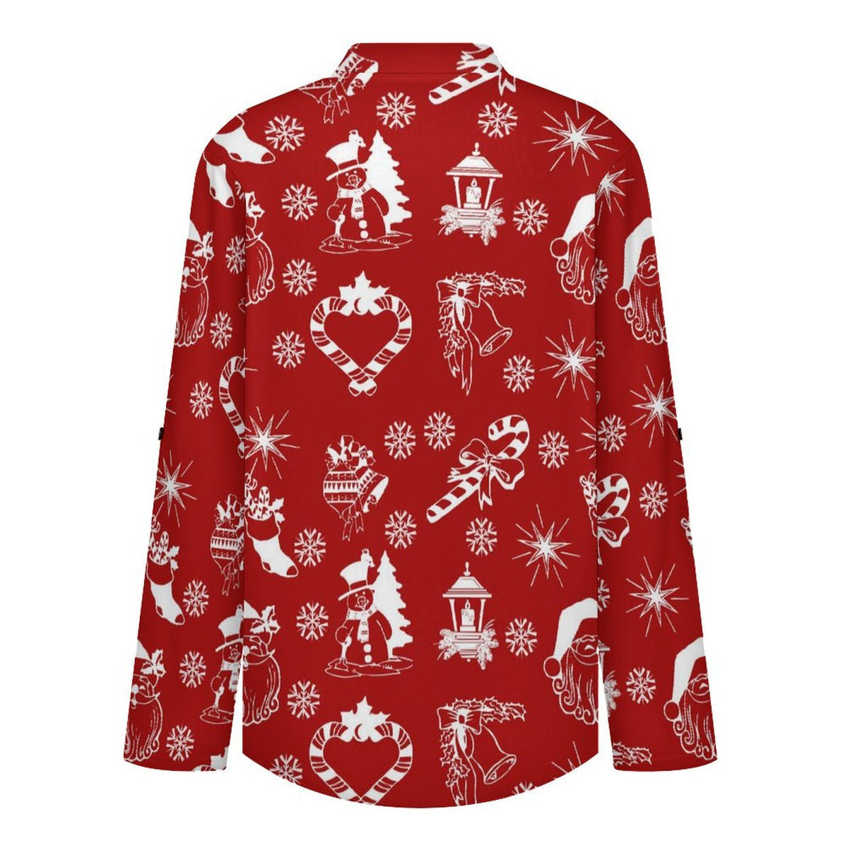 Stand-up Collar Long-sleeved Shirt Red Background, Santa Claus, Christmas white S Women’s V-Neck Blouses