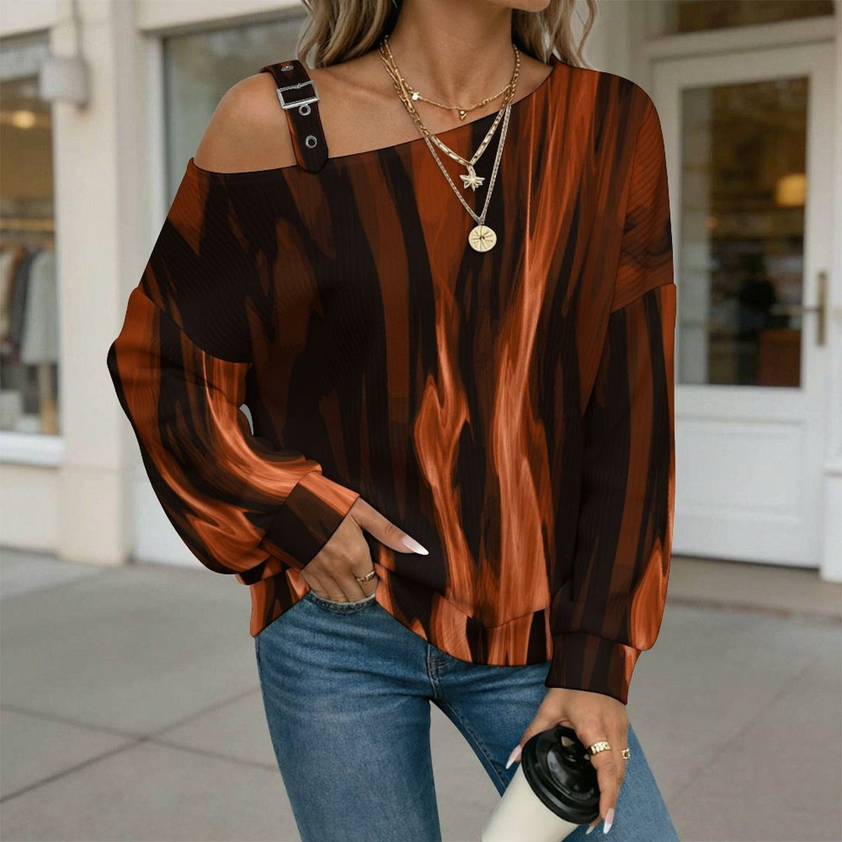 Red Flame, Burning Buckle Strap Asymmetrical Off Shoulder Knit Sweater