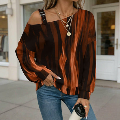 Red Flame, Burning Buckle Strap Asymmetrical Off Shoulder Knit Sweater