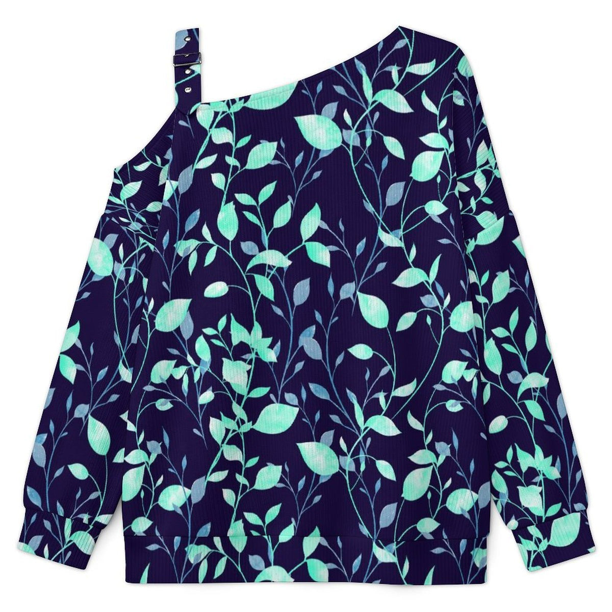 Fall Casual Asymmetric Shoulder Knit Top with Buckle Detail Flower