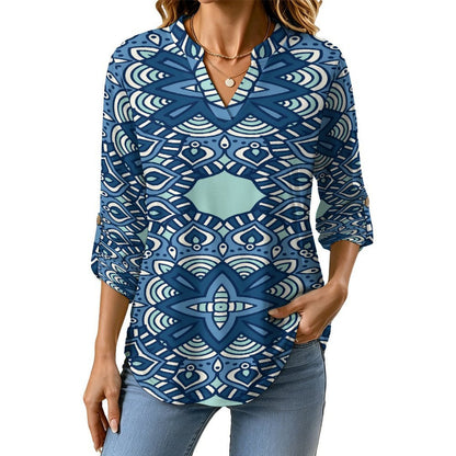 Blue Retro Pattern  Versatile Notched V-Neck Tunic | Roll Tab 3/4 Sleeve Office Casual Top