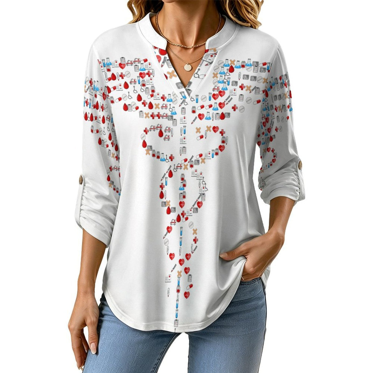 Graphic Scepter  Versatile Notched V-Neck Tunic | Roll Tab 3/4 Sleeve Office Casual Top
