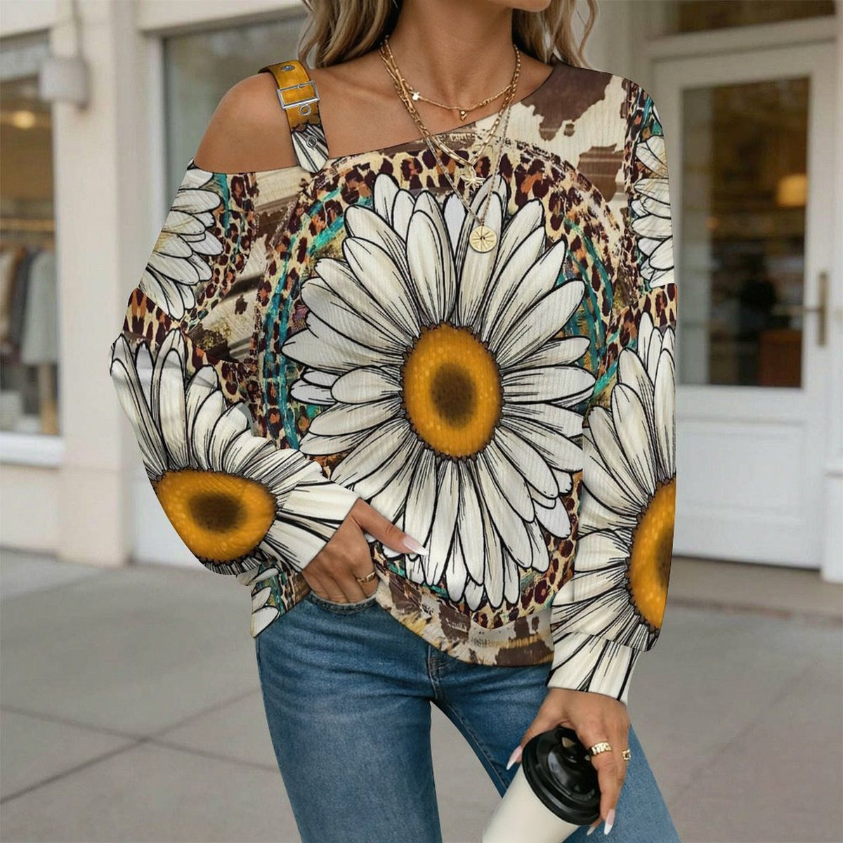 Women’s Off-Shoulder Knit Sweater Daisy Leopard Print